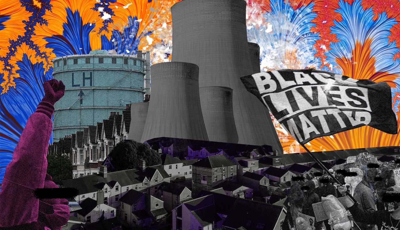Collage including images of coal plant cooling towers and gas plants rising over streets of houses, and figures at a protest with a large flag reading "Black Lives Matter", all set against a colourful patterned background.
