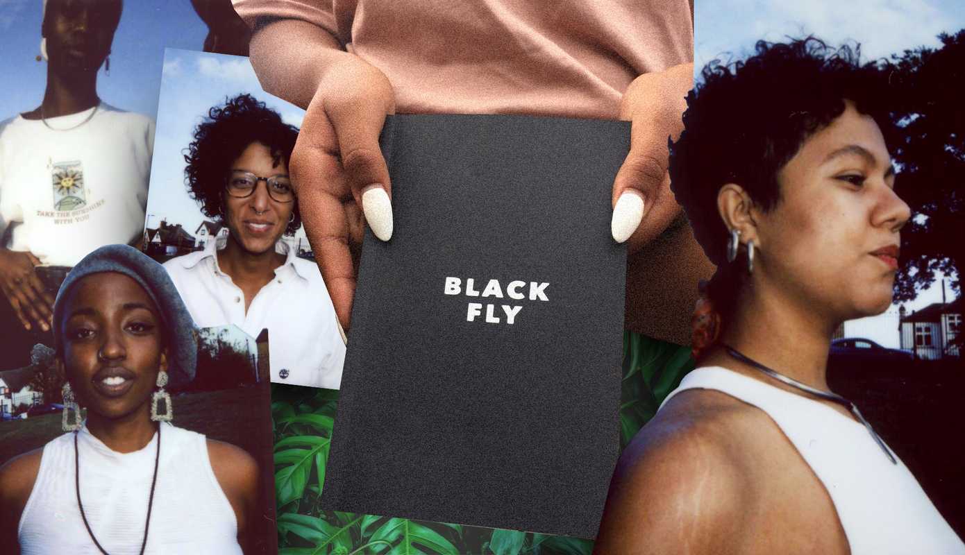 Collage image of four Black Fly Zine collective members, with a central image of black hands holding a black notebook with the words 'Black Fly' written on it