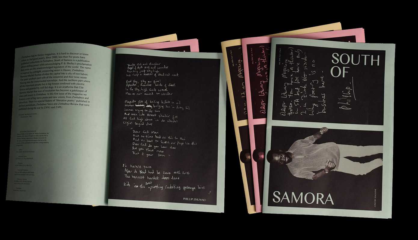 South of Samora: A Journal for Poetics, Vol. 1. Limited edition, laser printed, black on coloured copy paper, 8 pages, folded dimensions 8,25x 11,75 inches. Second printing. (Interior spread, left. Front cover, right )