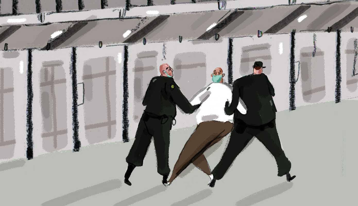 Illustration of a man with PPE mask being dragged through prison by two uniformed prison guards