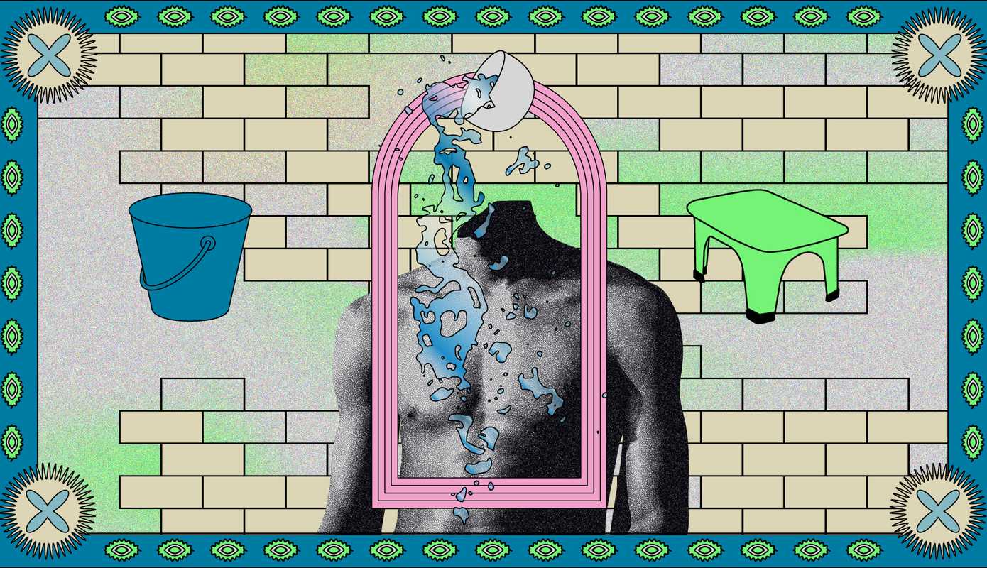 Collage image of a bucket of water suspended in the air, pouring down on a torso. A blue bucket and a green stool float in the background